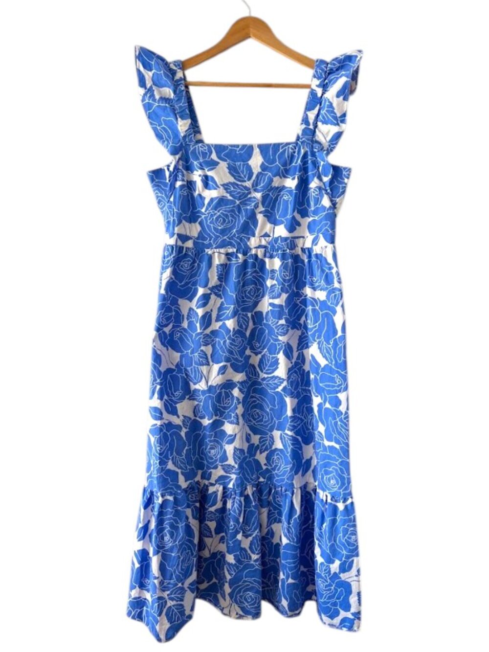 London Times Blue Floral Midi Dress Ruffle Strap Fit Flare Wedding Guest 14